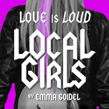 Image shows, in black-and-white, the back of a young woman wearing a leather jacket. Her hair is long and blond, and one streak is bright pink. Text in a Heavy Metal typographic style says, 